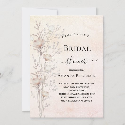 ブライダルシャワーほこりっぽいクリームワイルドフラワーズボホ 招待状 (正面)