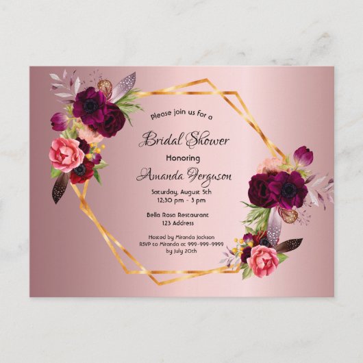 ブライダルシャワーほこりっぽいバラブルゴーニュ招待 ポストカード (正面)