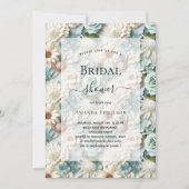 ブライダルシャワーほこりっぽい緑の白フローラ 招待状 (正面)
