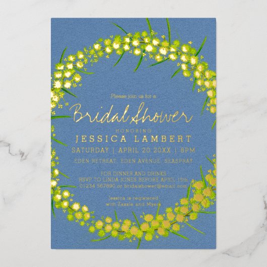 ブライダルシャワーアカシアイエローアートの花 箔招待状 (正面)