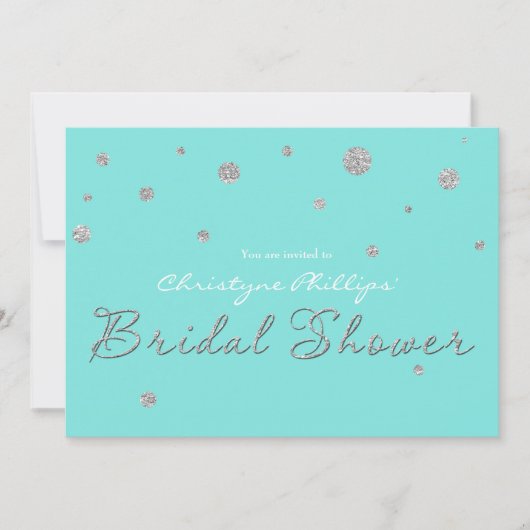 ブライダルシャワーアクアブルーシルバーグリッターカーモダンド 招待状 (正面)