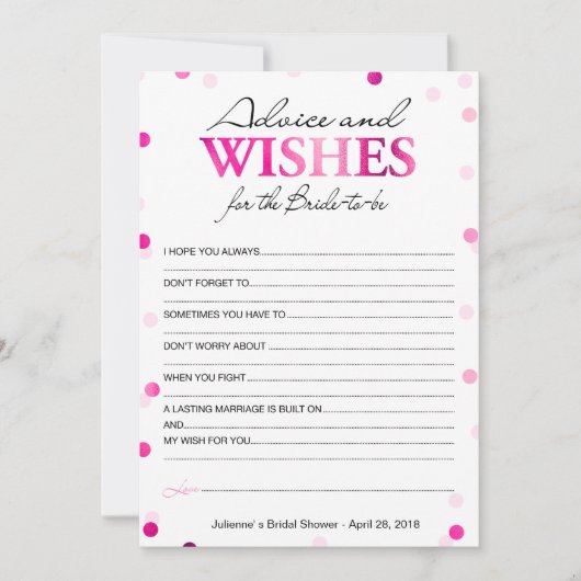 ブライダルシャワーアドバイスとウィッシュ |マゼンタ紙吹雪 招待状 (正面)