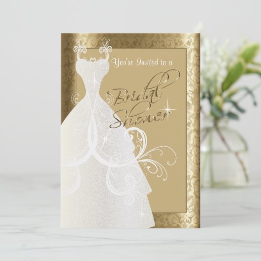 ブライダルシャワーアンティーク金ゴールドダマスク 招待状 (スタンド正面)