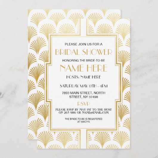 ブライダルシャワーアールデコ1920の白および金ゴールドパーティー 招待状 (正面/裏面)