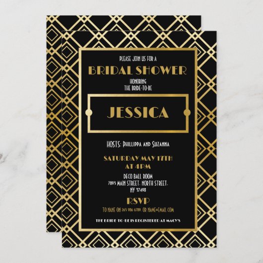 ブライダルシャワーアールデコ1920の金ゴールドパーティー招待状 招待状 (正面/裏面)
