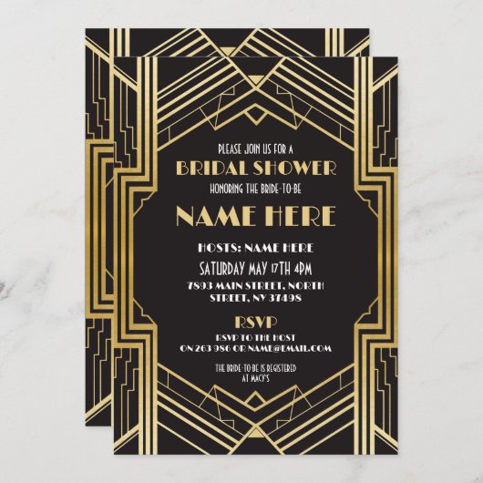 ブライダルシャワーアールデコ1920の金ゴールドパーティー招待状 招待状 (正面/裏面)