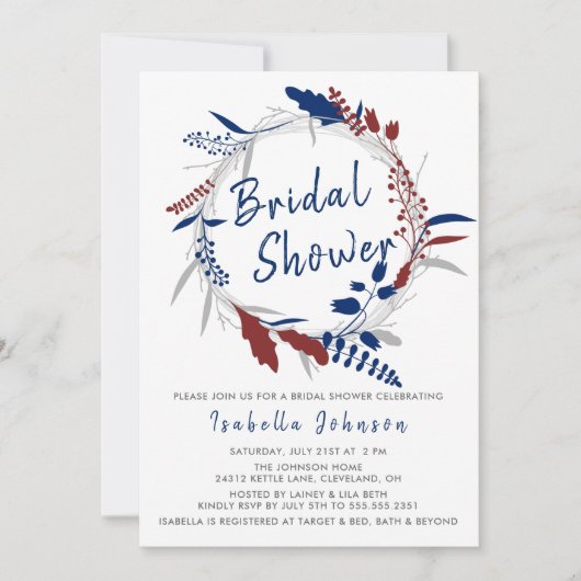 ブライダルシャワーインお洒落ブルーフローラリース 招待状 (正面)