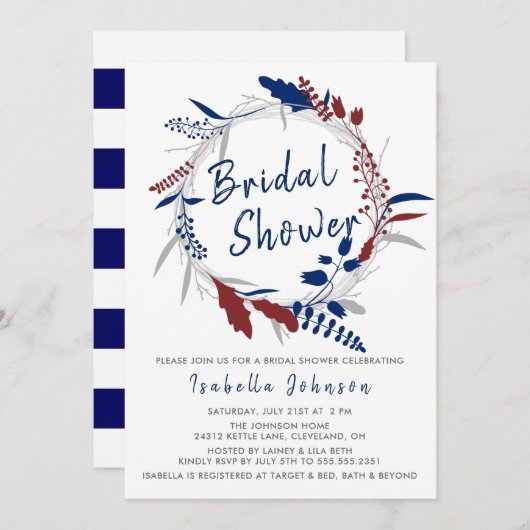 ブライダルシャワーインお洒落ブルーフローラリース 招待状 (正面/裏面)