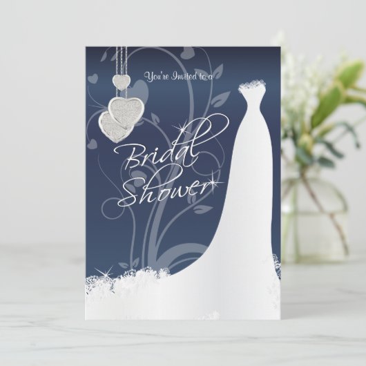 ブライダルシャワーインネイビーブルーフローラサタン 招待状 (スタンド正面)