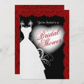 ブライダルシャワーイン深いダークレッドレースオンブラック 招待状 (正面/裏面)