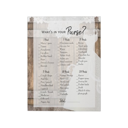 ブライダルシャワーイン素朴ウッド&ホワイトレースゲーム ノートパッド (回転)