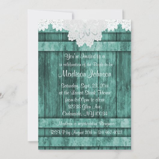 ブライダルシャワーイン素朴ティール（緑がかった色）バーンウッドアンドレース 招待状 (裏面)