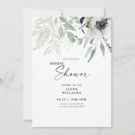 ブライダルシャワーウィンターホワイトフローラ植物学 招待状 (正面)