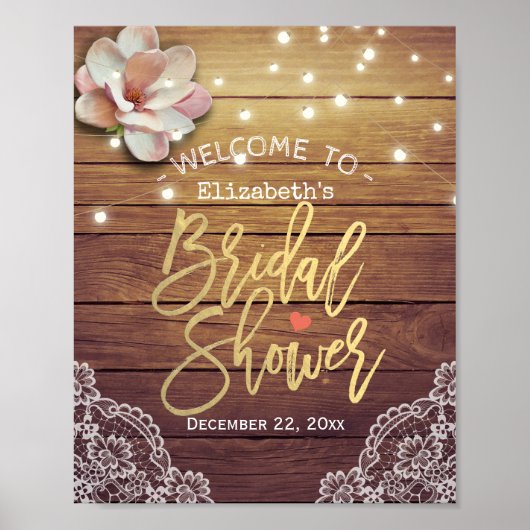 ブライダルシャワーウェルカムウッドフローラストリングライト ポスター (正面)