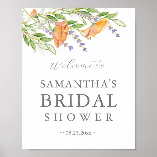 ブライダルシャワーウェルカムサインウォーターカラーワイルドフラワー ポスター (正面)