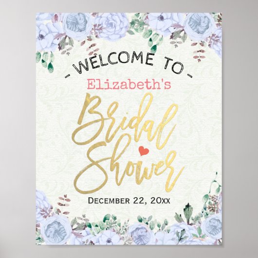 ブライダルシャワーウェルカムサインシックフローラ金ゴールドスクリプト ポスター (正面)