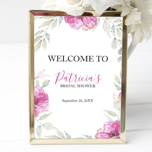 ブライダルシャワーウェルカムサインピンクウォーターカラーフラワー ポスター