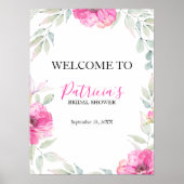 ブライダルシャワーウェルカムサインピンクウォーターカラーフラワー ポスター (正面)