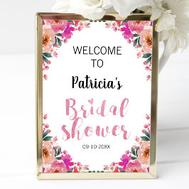 ブライダルシャワーウェルカムサインピンクフローラ水彩 ポスター