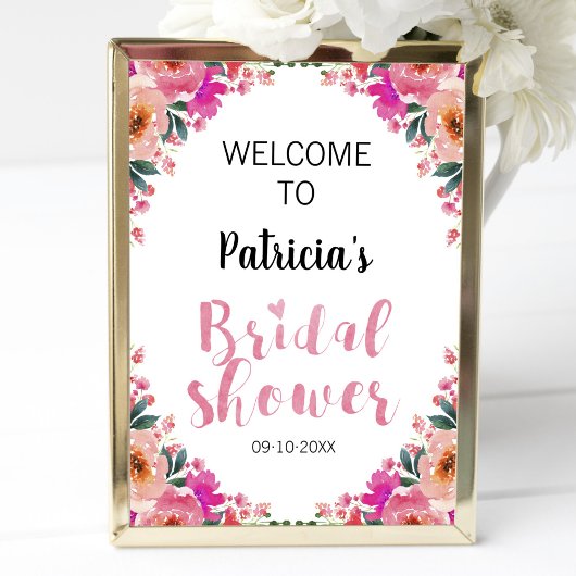 ブライダルシャワーウェルカムサインピンクフローラ水彩 ポスター