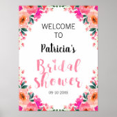 ブライダルシャワーウェルカムサインピンクフローラ水彩 ポスター (正面)