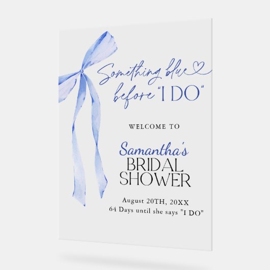 ブライダルシャワーウェルカムサインブルーボウ何かブルー アクリルサイン (傾斜)