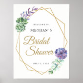 ブライダルシャワーウェルカムサイン紫色の多肉質金ゴールド ポスター (正面)