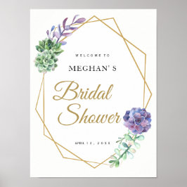 ブライダルシャワーウェルカムサイン紫色の多肉質金ゴールド ポスター