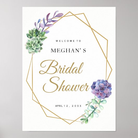 ブライダルシャワーウェルカムサイン紫色の多肉質金ゴールド ポスター (正面)