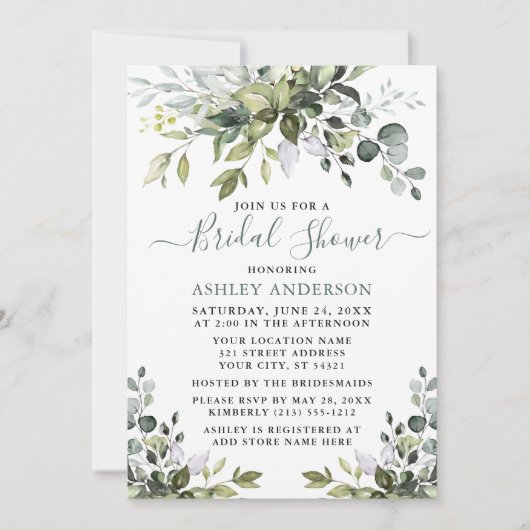 ブライダルシャワーウォーターカラーグリーナリーセージグリーン 招待状 (正面)