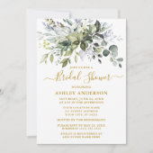 ブライダルシャワーウォーターカラーグリーナリーダスティブルー金ゴールド 招待状 (正面)
