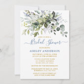 ブライダルシャワーウォーターカラーグリーナリー金ゴールドダスティブルー 招待状 (正面)