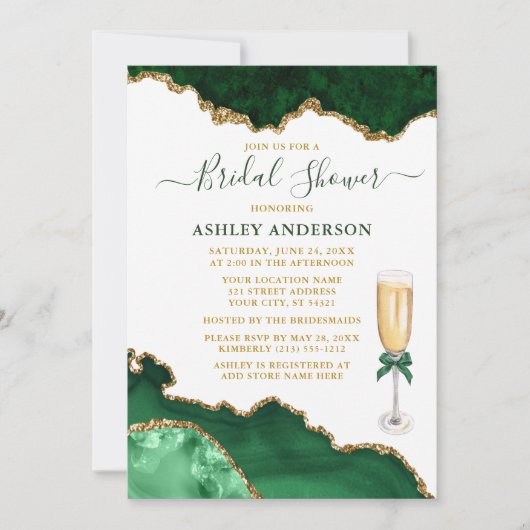 ブライダルシャワーウォーターカラーグリーンマーブルゲート金ゴールド 招待状 (正面)
