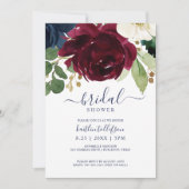 ブライダルシャワーウォーターカラーブーケブルガンディーネイビー 招待状 (正面)