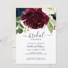 ブライダルシャワーウォーターカラーブーケブルガンディーネイビー 招待状