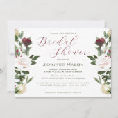 ブライダルシャワーウォーターカラーホワイトローズクランベリー 招待状 (正面)