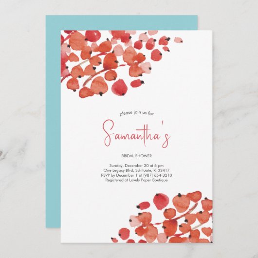 ブライダルシャワーウォーターカラーレッドベリーズホリデーパーティー 招待状 (正面/裏面)