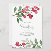 ブライダルシャワーウォーターカラーレッドベリーズホリデーパーティー 招待状 (正面)