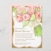 ブライダルシャワーウォーターカラーローズブーケサテンパール 招待状 (正面/裏面)