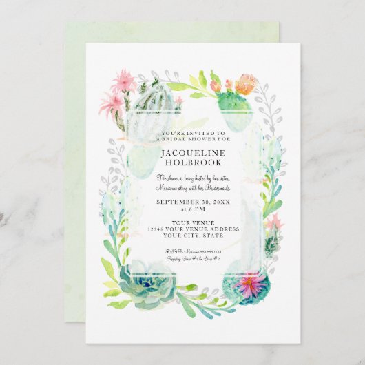 ブライダルシャワーウォーターモダンカラーデザートサクタスアート 招待状 (正面/裏面)