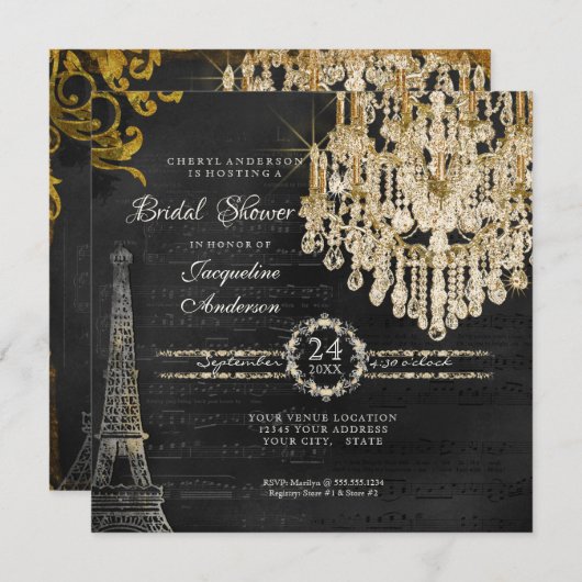 ブライダルシャワーエッフェルタワーシャンデリアタイポグラフィ 招待状 (正面/裏面)