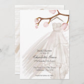 ブライダルシャワーエレガントなウェディングドレスピンクの花 招待状 (正面/裏面)