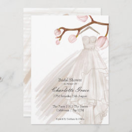 ブライダルシャワーエレガントなウェディングドレスピンクの花 招待状