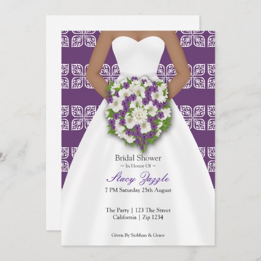 ブライダルシャワーエレガントなウェディングドレス紫色の花 招待状 (正面/裏面)