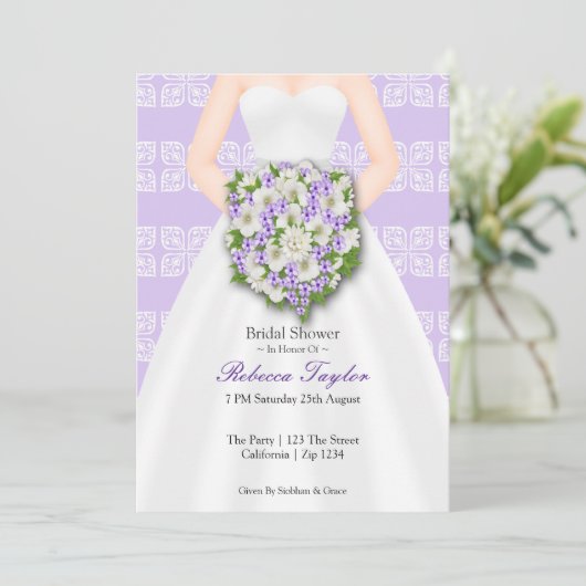 ブライダルシャワーエレガントなウェディングドレス薄紫花 招待状 (スタンド正面)