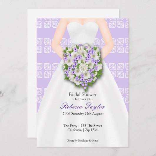 ブライダルシャワーエレガントなウェディングドレス薄紫花 招待状 (正面/裏面)