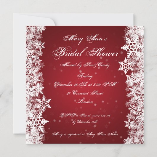 ブライダルシャワーエレガントの冬の雪かきの赤 招待状 (裏面)