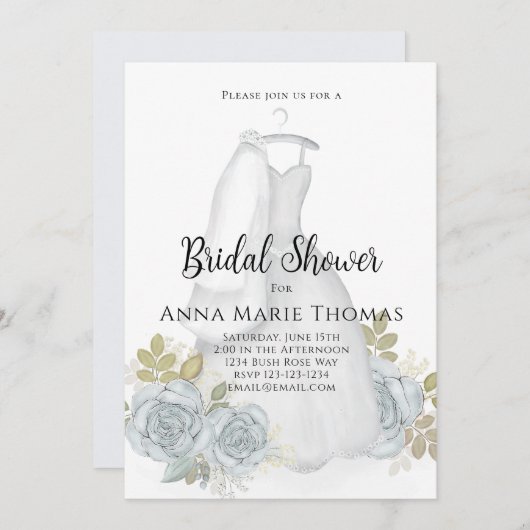 ブライダルシャワーエレガントウォーター色フローラドレス 招待状 (正面/裏面)