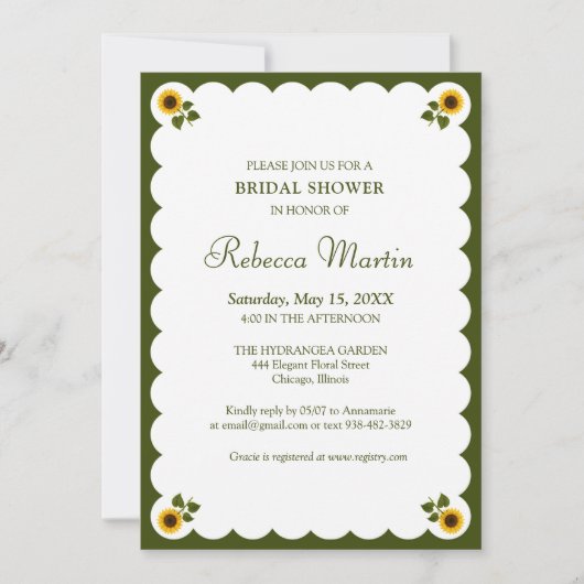 ブライダルシャワーエレガントオリーブグリーンサンフラワーシンプル 招待状 (正面)