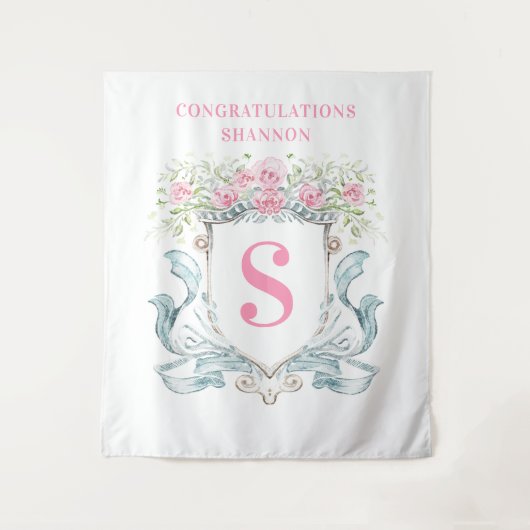 ブライダルシャワーエレガントクレストとバラの背景 タペストリー (正面)